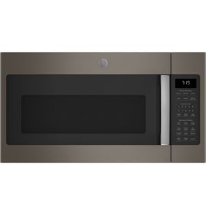 Brown GE over-the-range microwave with digital display and keypad.