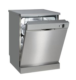 Stainless steel dishwasher with the door partially open.