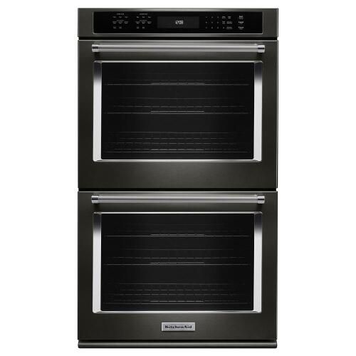 Black stainless steel double wall oven with digital controls.
