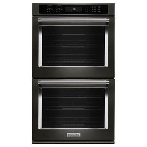 Black stainless steel KitchenAid double wall oven.