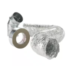 Flexible dryer vent tubing, elbow, and tape roll, silver and gray, on white background.