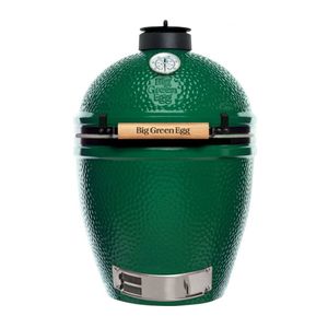 Green Big Green Egg grill with wooden handle, black top vent, and stainless steel accents.