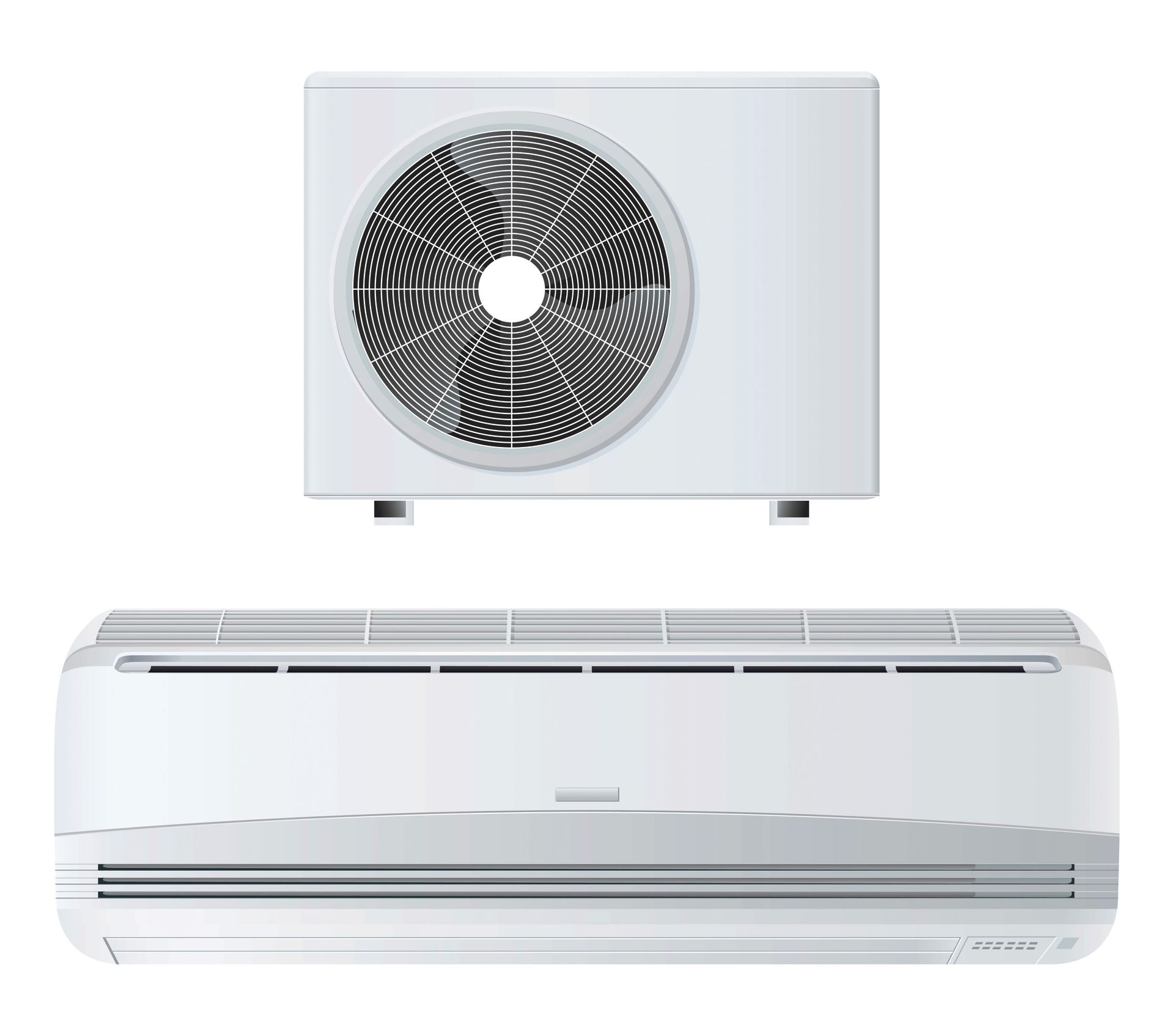 White split-system air conditioner, with an outdoor compressor unit above an indoor wall unit.