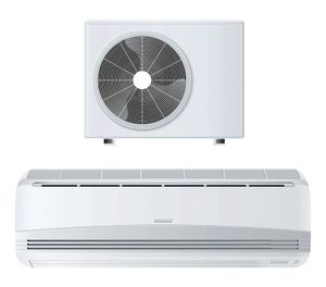 White ductless mini-split air conditioner system; indoor unit below outdoor unit.