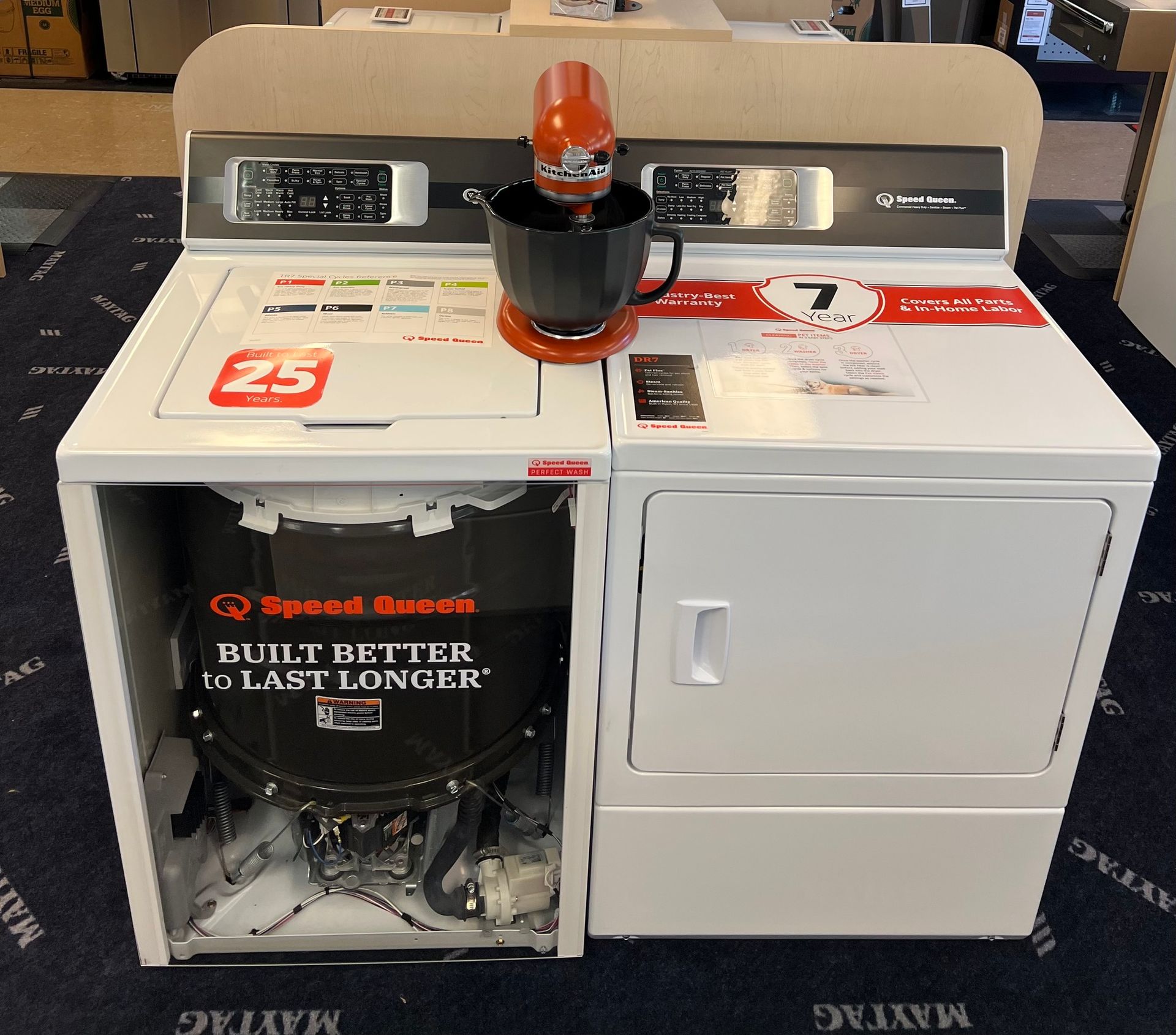 A washer and dryer that says built better last longer