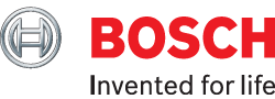 The bosch logo is red and white and says invented for life.
