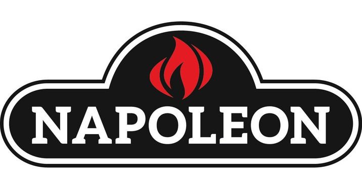 Napoleon logo with black oval, white border, and red flame