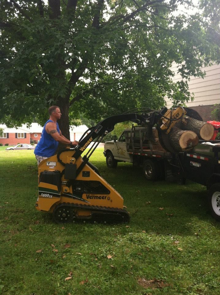 Worker in a yellow compact loader loading a truck on a grassy lawn under trees