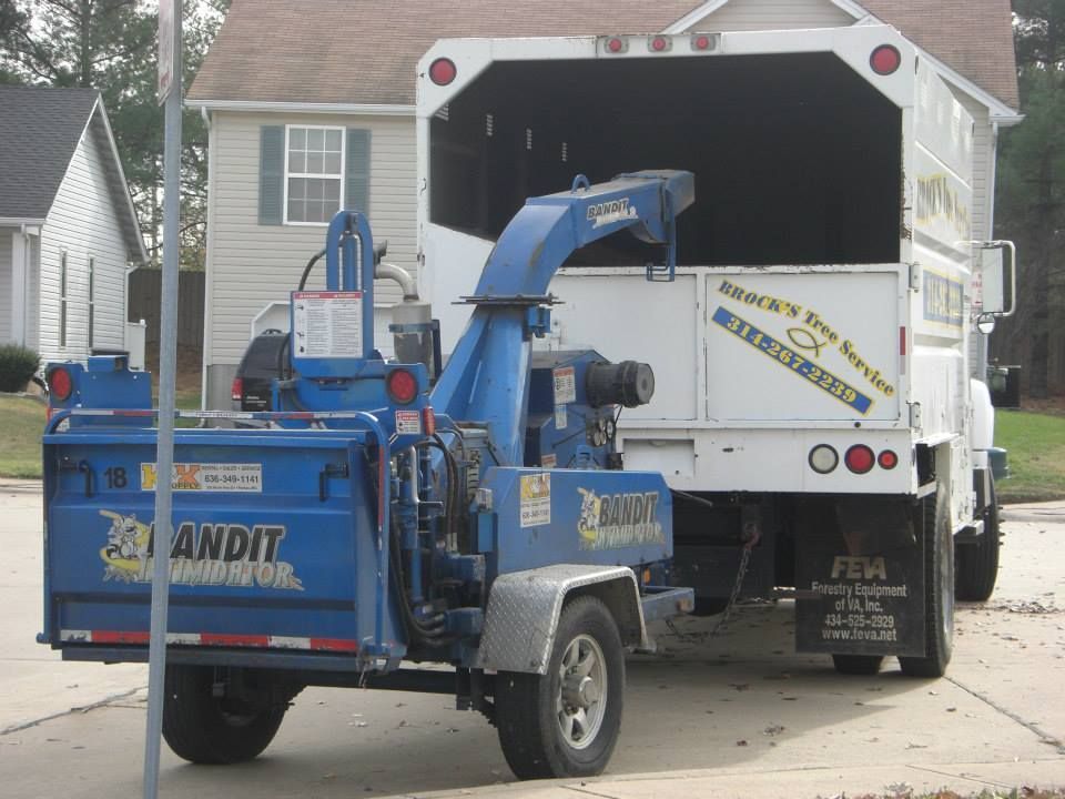 Blue utility chipper truck parked behind a white truck on a residential street.