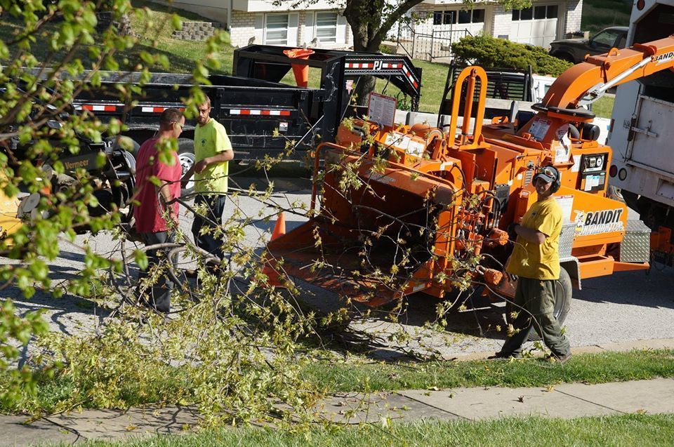 Road crew using a wood chipper beside a truck on a suburban street