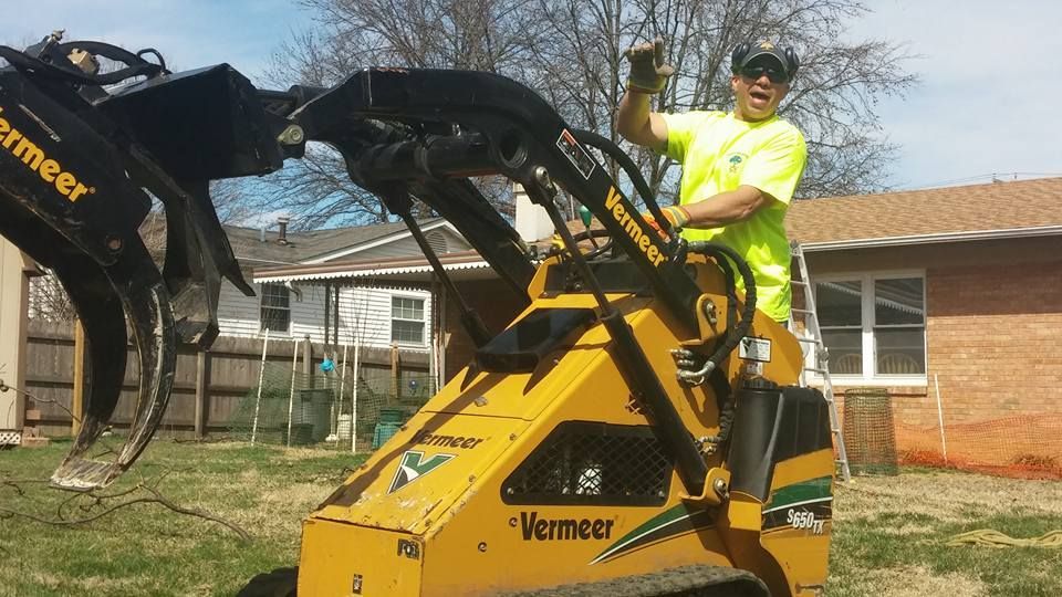 Worker in neon safety gear standing on a yellow Vemeer machine lifting a large root ball in a yard.