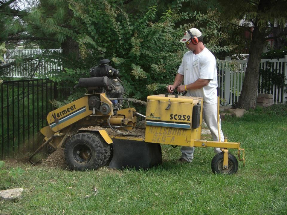 Man on yellow lawn tractor mowing grass in a yard near a fence and trees