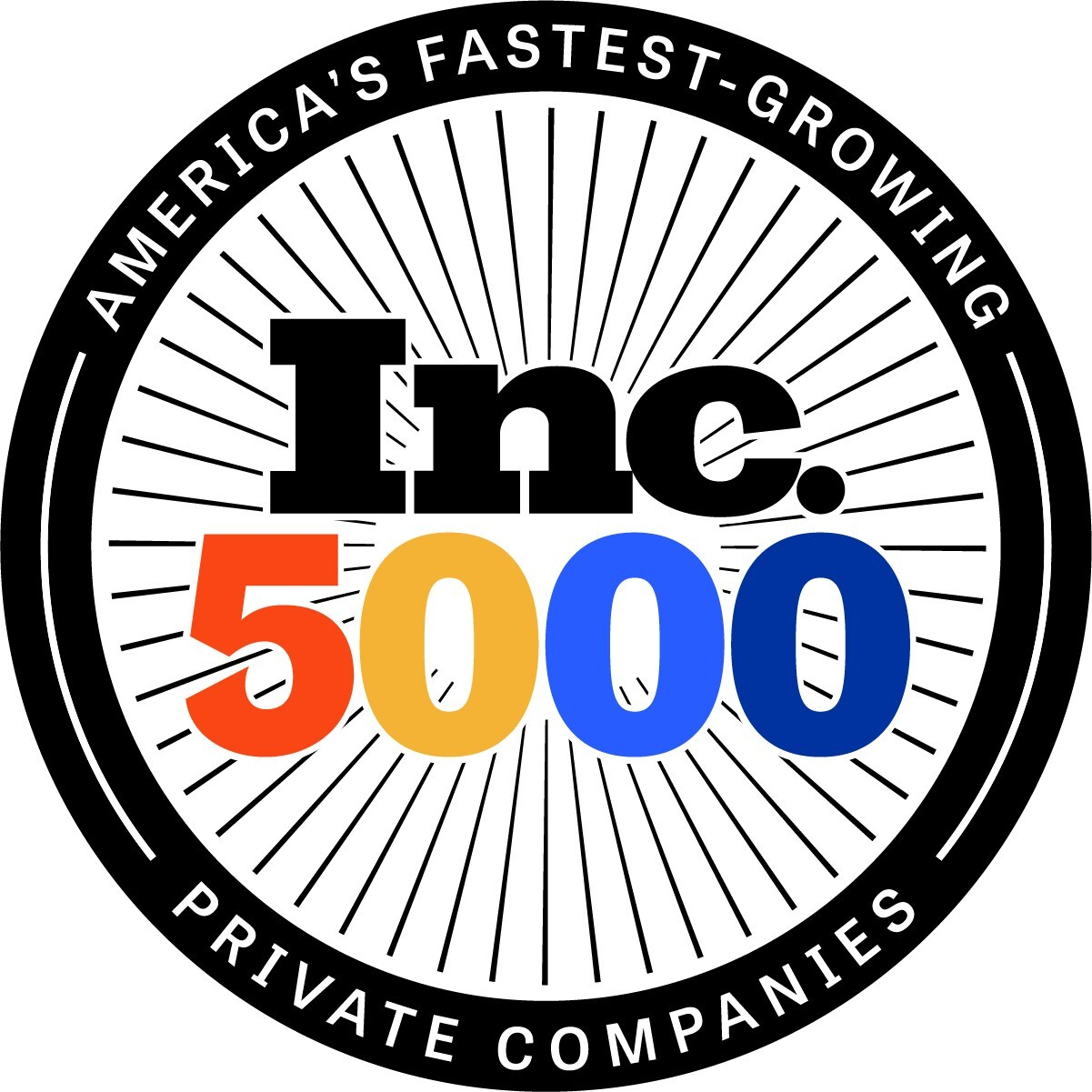 Inc. 5000 award logo: Black, white, orange, blue, and gold text on a radial background, denoting America's fastest-growing private companies.
