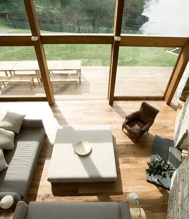 An aerial view of a living room with a couch and chair