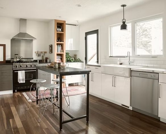 A kitchen with white cabinets and stainless steel appliances