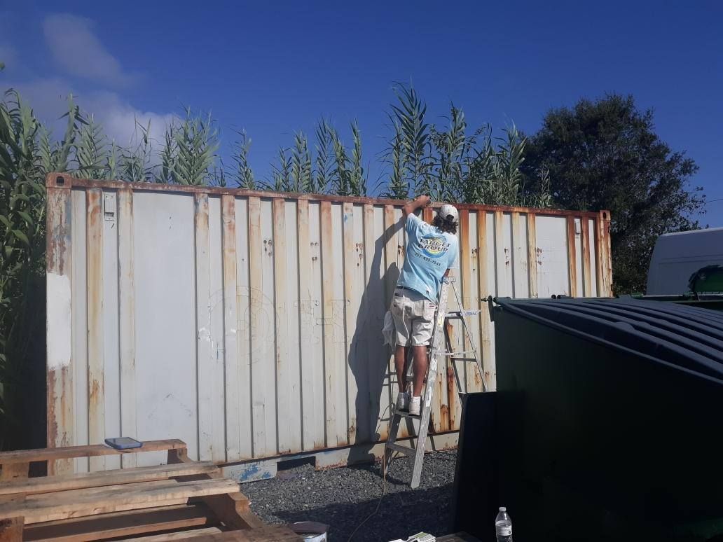 A man is standing on a ladder