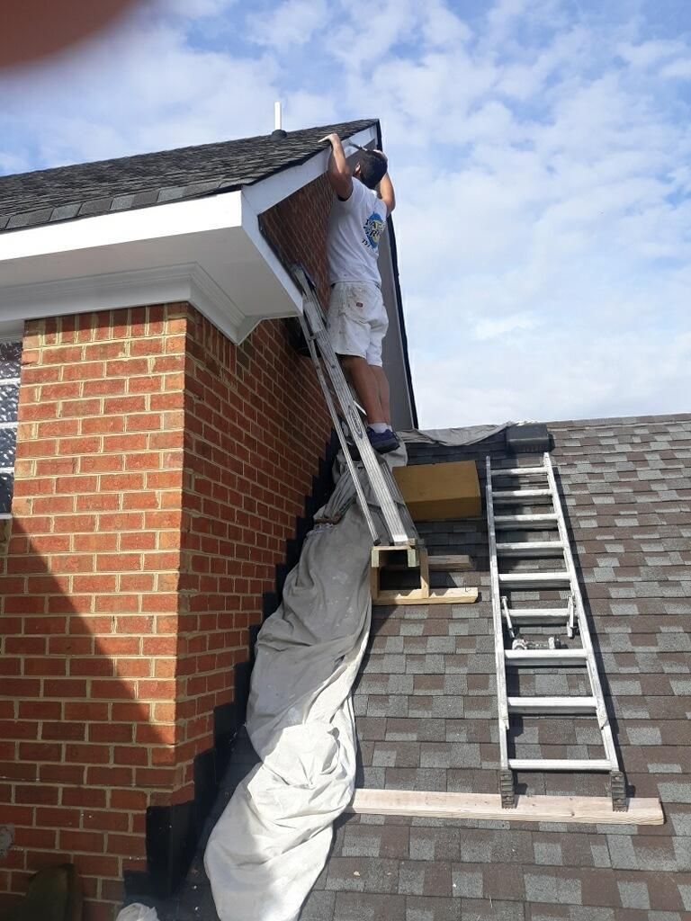 A man is standing on a ladder on top of a roof