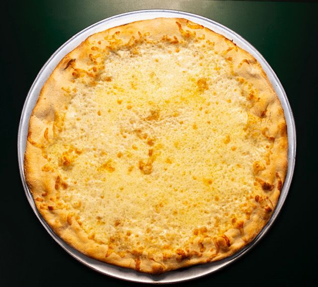 Cheese pizza on a metal tray, golden-brown crust, melted cheese topping.
