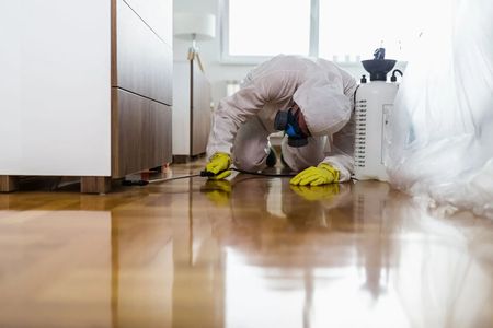 Person in hazmat suit kneeling, spraying a floor. Yellow gloves, a white sprayer, interior setting.