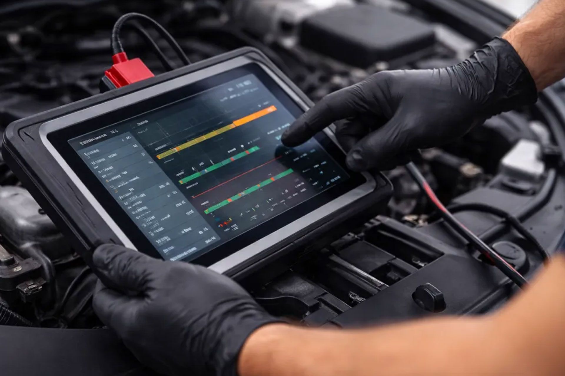 A mechanic wearing black gloves uses a diagnostic tablet to check engine data while working under an open car hood.