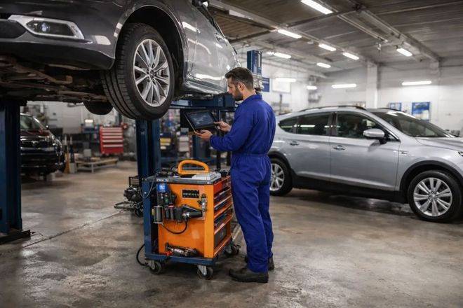 A mechanic in a blue uniform uses a tablet at a diagnostic cart next to a car lifted on a hoist in an auto repair shop.
