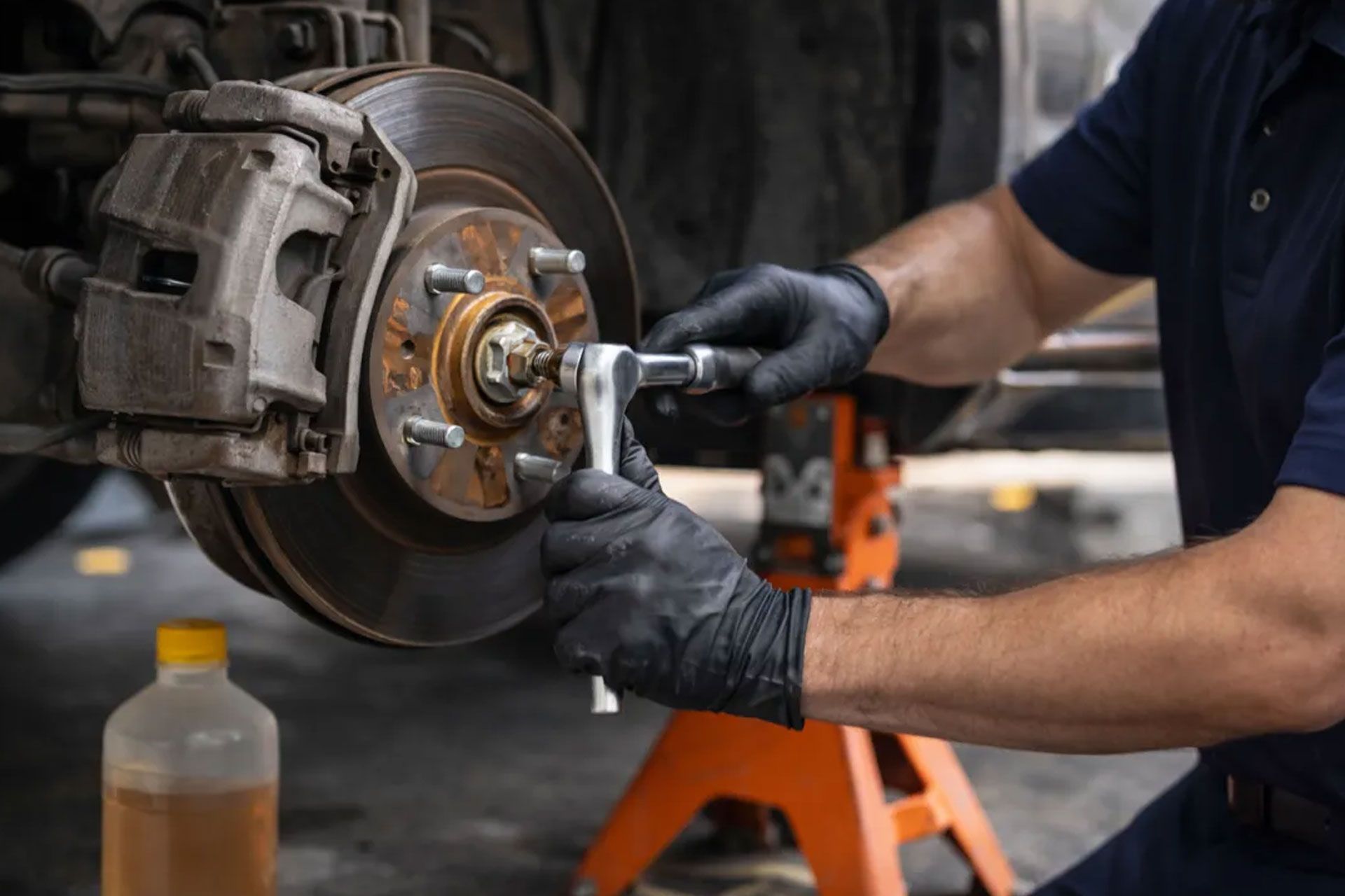 A mechanic in black gloves uses a ratchet to tighten a bolt on a car brake rotor in an auto shop.