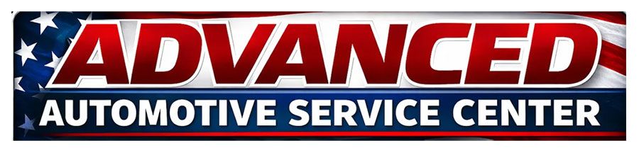 Logo for Advanced Automotive Service Center with bold red text and an American flag background.