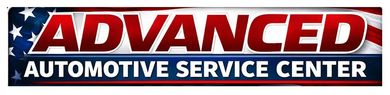 Logo for Advanced Automotive Service Center with bold red text and an American flag background.