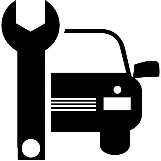 Black icon of a wrench next to the silhouette of a car, representing automotive repair or service.