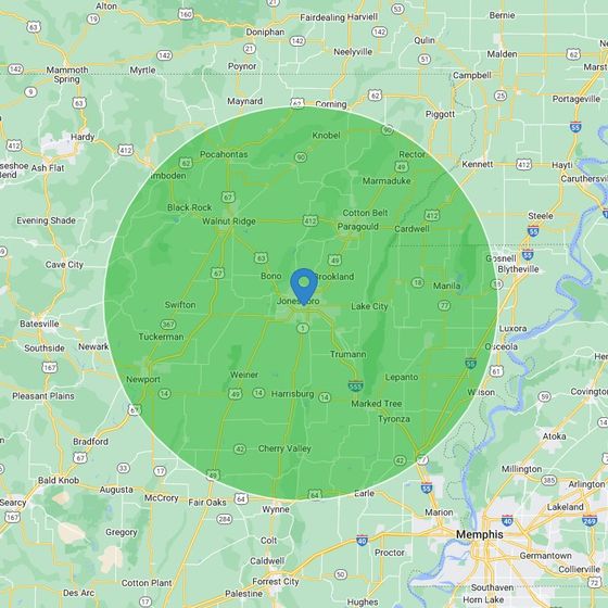 Map showing a 40 mile radius around Jonesboro, AR