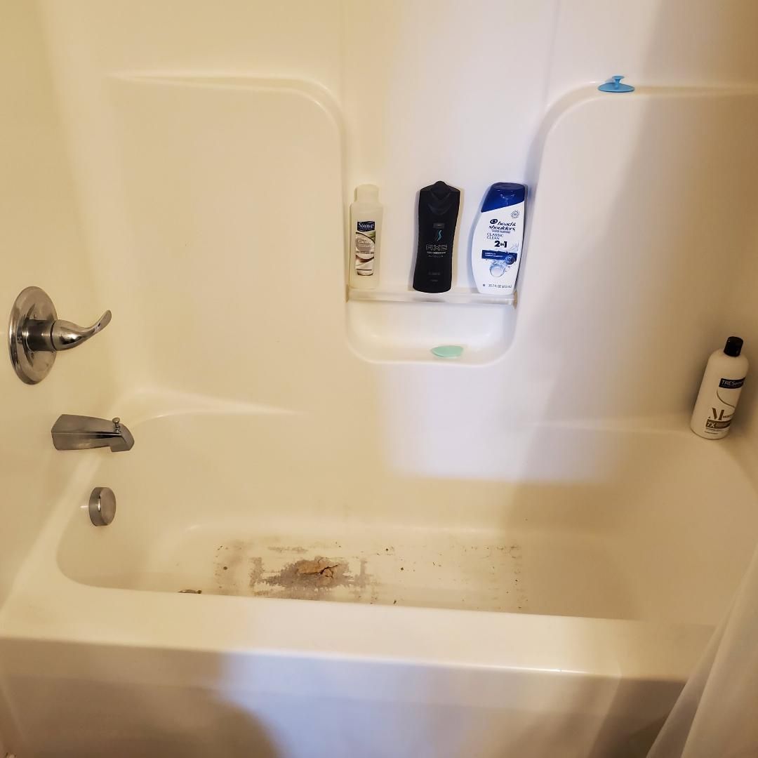 White bathtub and shower with soap and shampoo bottles on the built-in shelf, showing a dirty tub bottom.