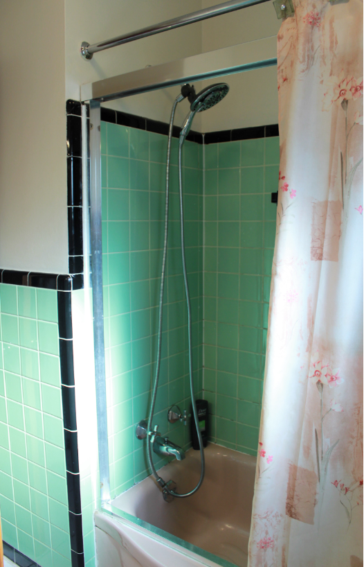Bathroom shower with teal tiles, black trim, and a glass shower door. A floral shower curtain is partially visible.