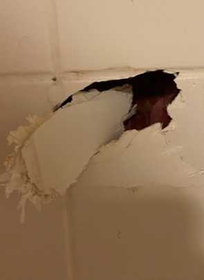 Hole in a white shower wall, revealing dark inner material. Wall is textured, with torn edges.