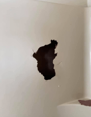 A large hole in a white wall, revealing the interior.  A section of a curved white fixture is visible on the right.