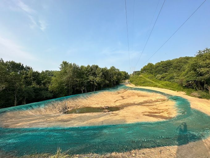 A dirt road with a pond in the middle of it surrounded by trees and power lines.