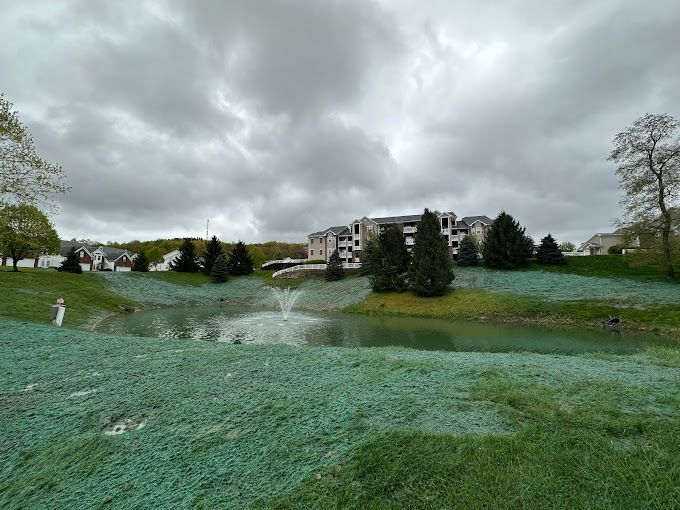 A pond with a fountain in the middle of it and a building in the background.