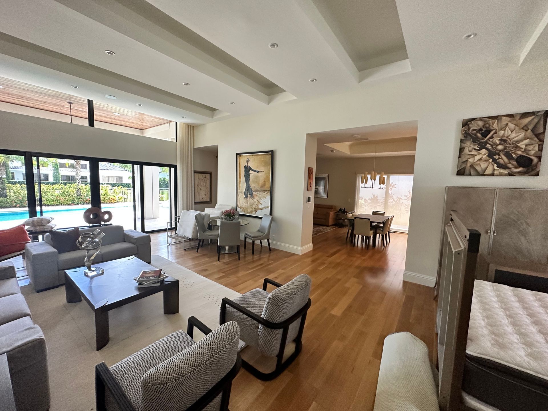 A living room with a lot of furniture and a table