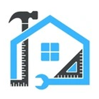 Blue house icon with tools: hammer, ruler, wrench, and square.