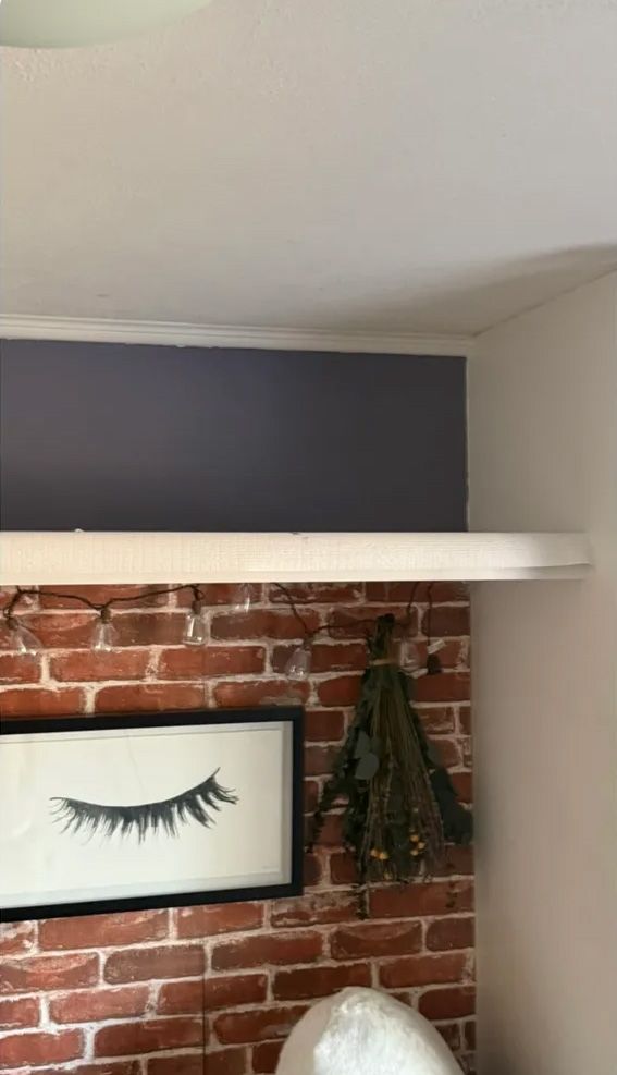 Brick wall with art, white shelf, purple painted area, dried plants, and a white ceiling.
