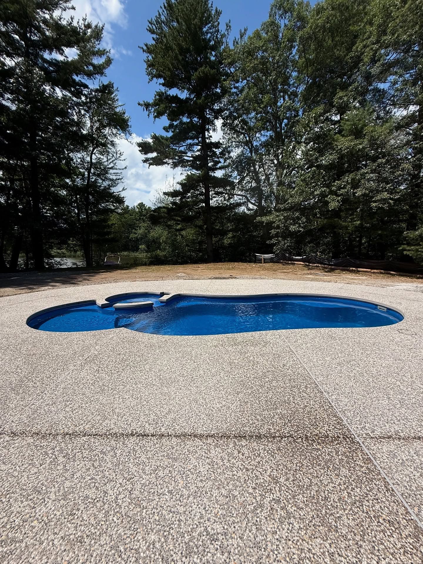 Blue pool surrounded by speckled concrete patio, trees in background, sunny day.