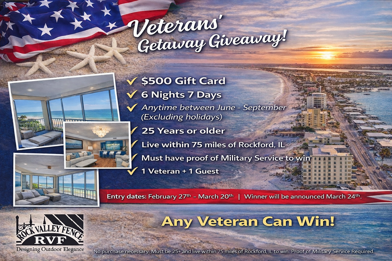 Promotional graphic: Veterans' Giveaway with a $500 gift card, 6-night stay, and location details near Bradenton, FL.