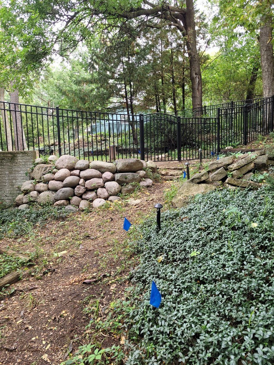 There is a fence in the background and a pile of rocks in the foreground.