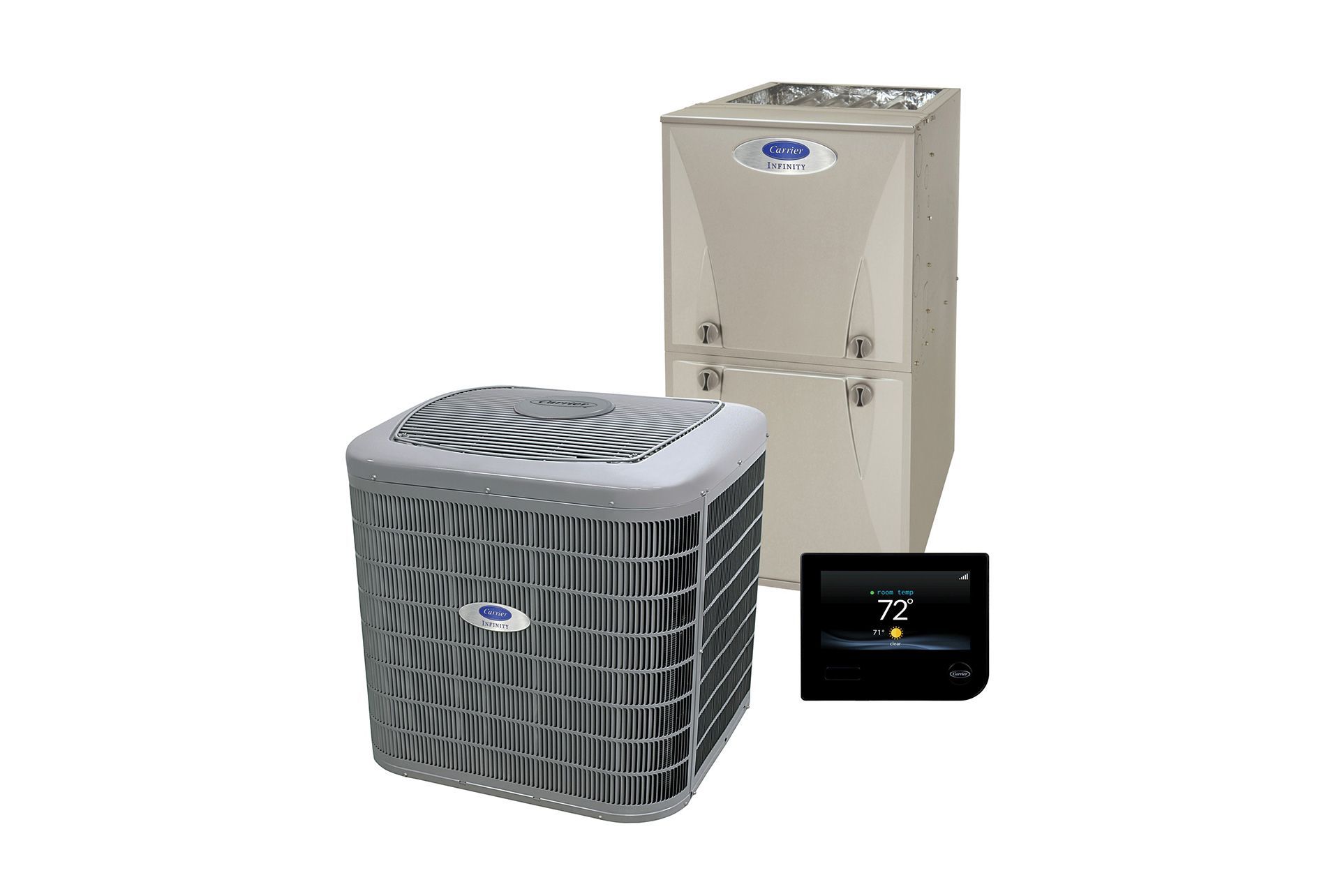 Air conditioning system: outdoor unit, indoor furnace, and digital thermostat.