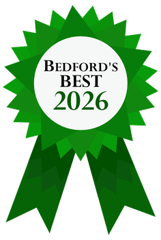 Green award ribbon badge with Bedford’s Best 2026 in the center