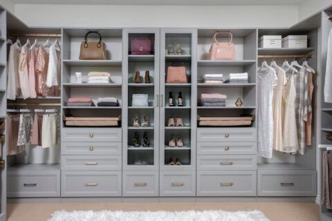 Walk-in closet with organized shelves, drawers, and hanging clothes, in shades of gray and white.