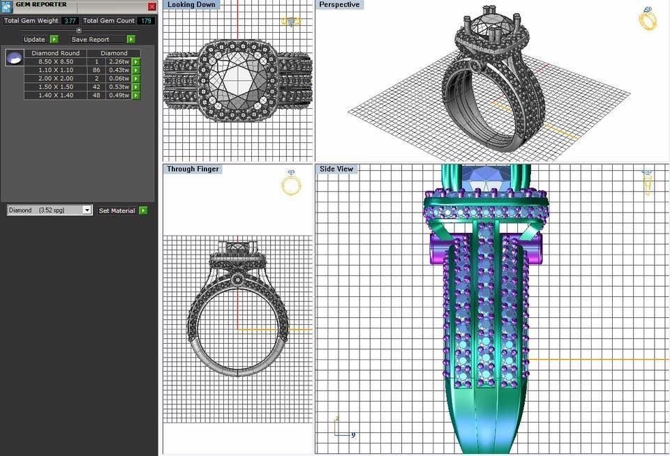 Jewelry design software showing a 3D ring model from multiple angles and views on a grid workspace