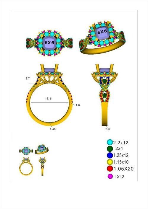 Multicolor gemstone ring design diagram with top, side, and front views and measurements