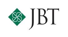 Green diamond logo with white intertwined letters beside black “JBT” text