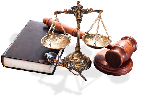 Law scale, gavel, book, and eye glasses.