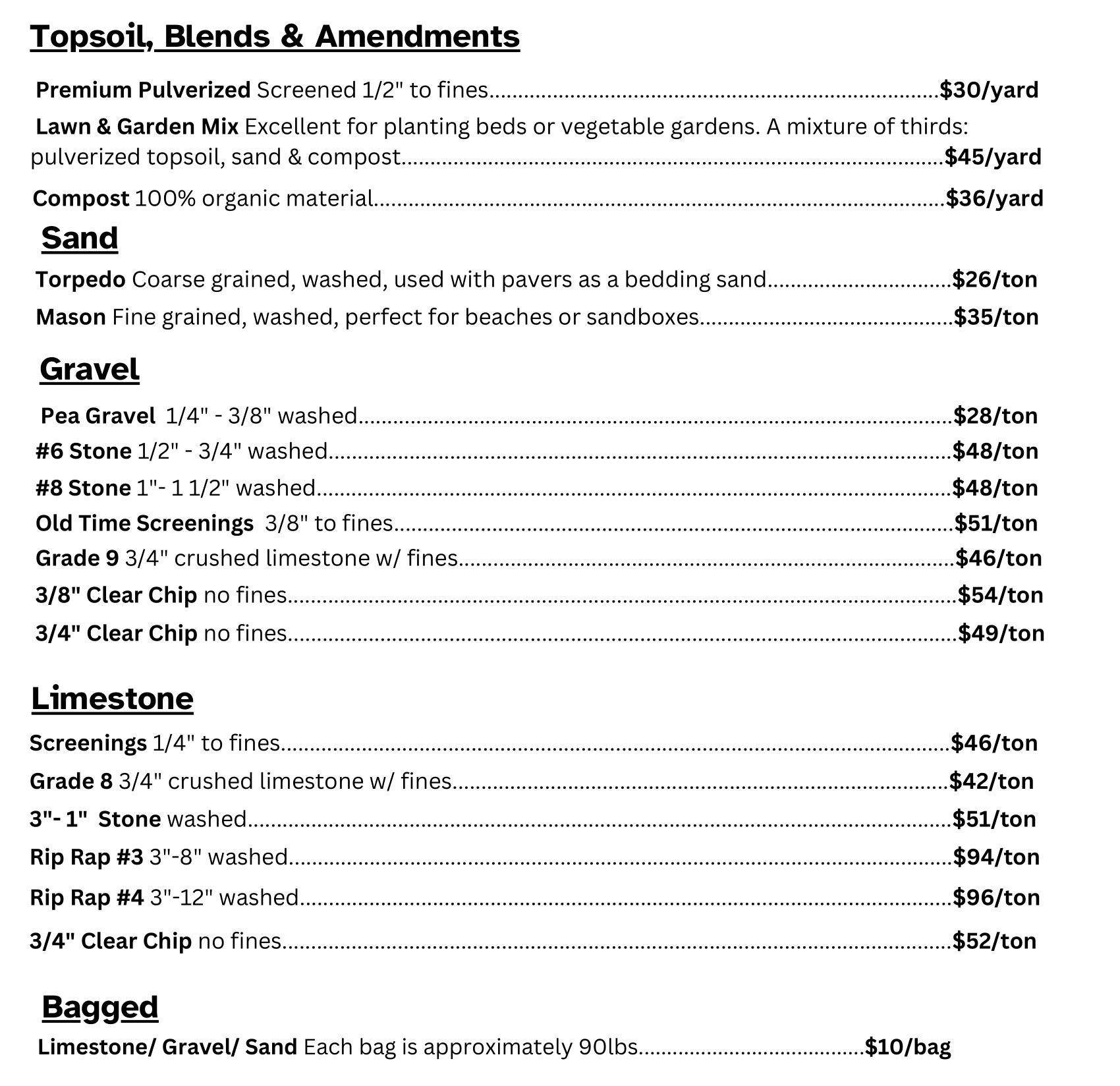 Price list for topsoil, blends, amendments, sand, gravel, and limestone, including bagged options